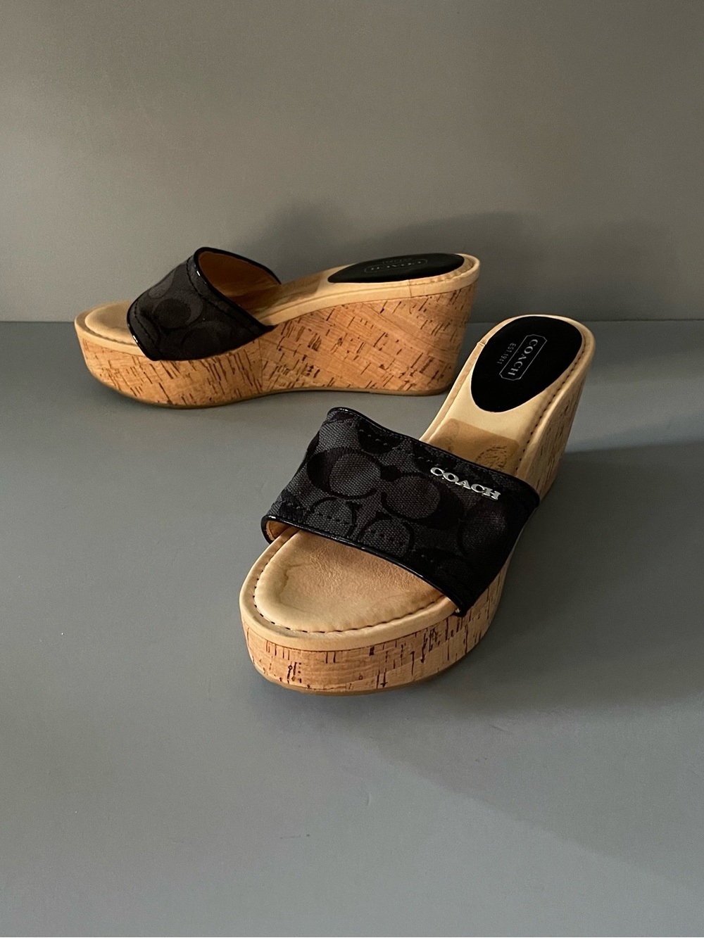 Coach Joanne Signature C Leather Cork Wedge Sandal 8.5B Black Slip On Summer